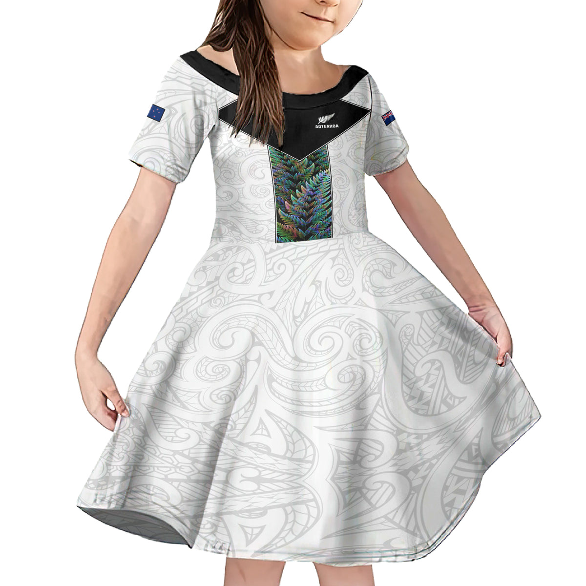 Custom New Zealand Fern Rugby Family Matching Short Sleeve Bodycon Dress and Hawaiian Shirt World Cup 2023 Paua Shell Maori Pattern LT05 Daughter's Dress White - Polynesian Pride