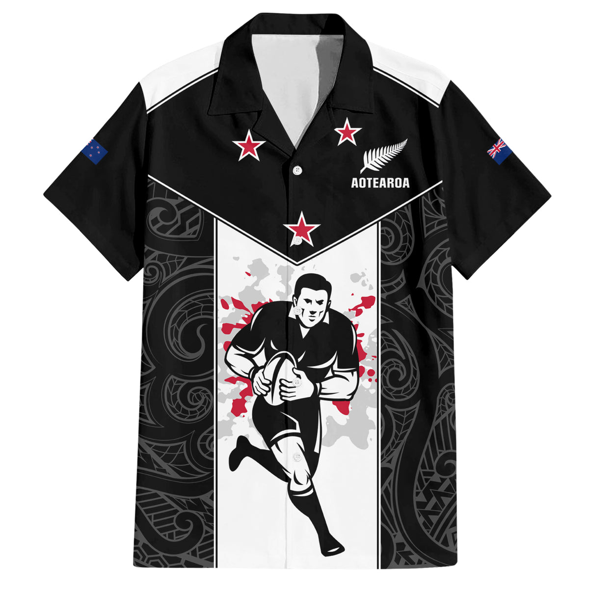 Custom New Zealand Player Rugby Family Matching Short Sleeve Bodycon Dress and Hawaiian Shirt World Cup 2023 Maori Pattern LT05 Dad's Shirt - Short Sleeve Black - Polynesian Pride