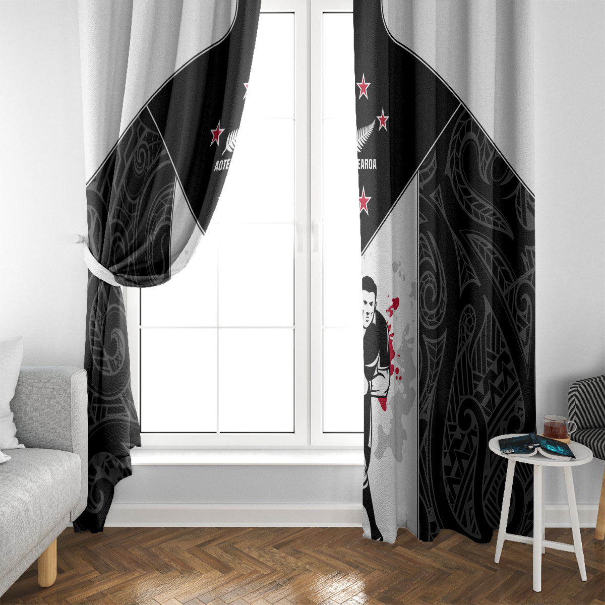 New Zealand Player Rugby Window Curtain World Cup 2023 Maori Pattern LT05 - Polynesian Pride