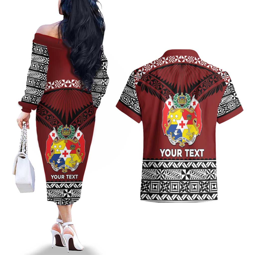 Personalised Tonga Constitution Day Couples Matching Off The Shoulder Long Sleeve Dress and Hawaiian Shirt Tongan Kupesi Ngatu Pattern