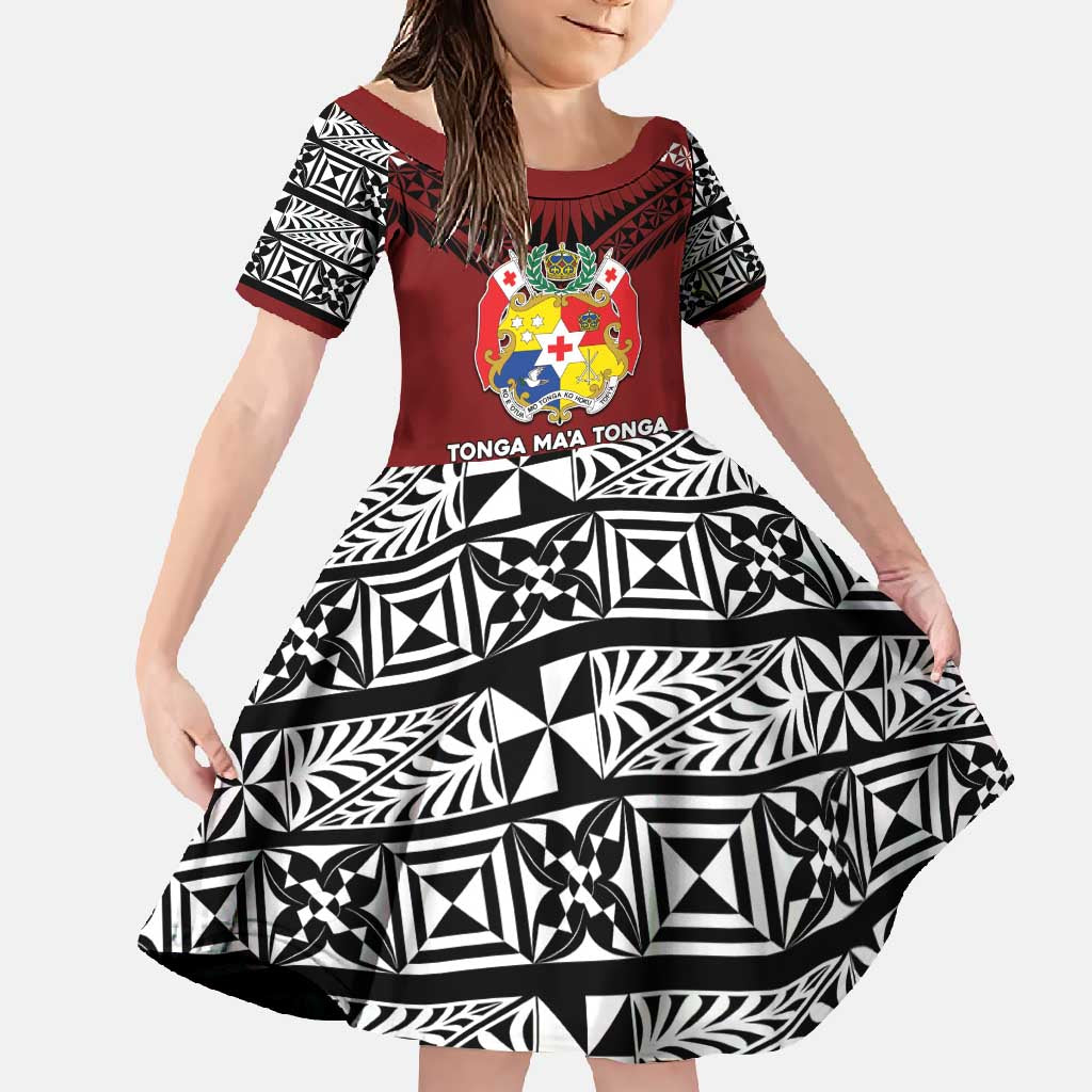 Personalised Tonga Constitution Day Family Matching Summer Maxi Dress and Hawaiian Shirt Tongan Kupesi Ngatu Pattern LT05 Daughter's Dress Red - Polynesian Pride