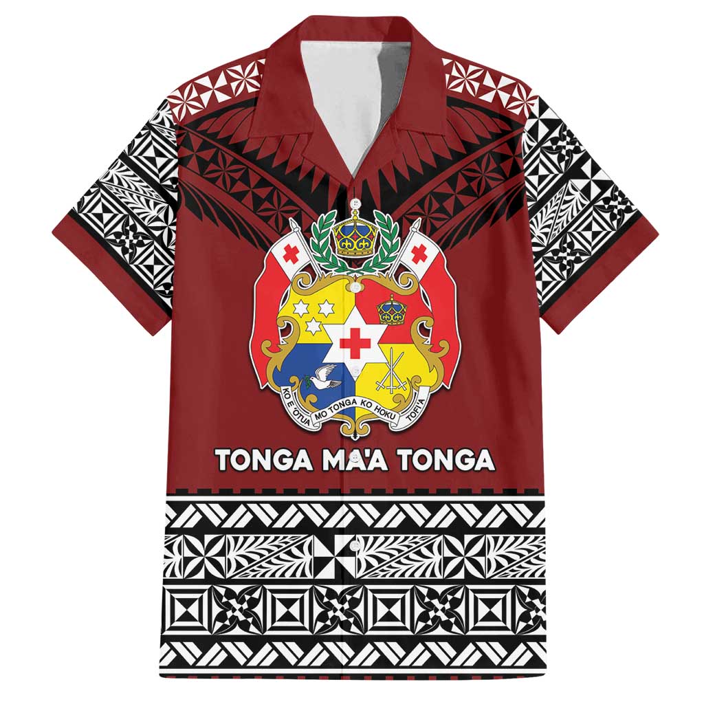 Personalised Tonga Constitution Day Family Matching Summer Maxi Dress and Hawaiian Shirt Tongan Kupesi Ngatu Pattern LT05 Dad's Shirt - Short Sleeve Red - Polynesian Pride