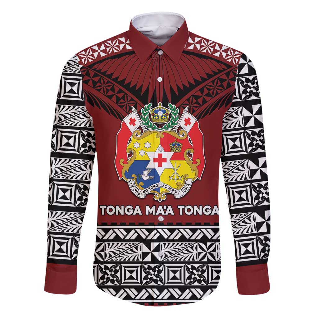 Personalised Tonga Constitution Day Family Matching Summer Maxi Dress and Hawaiian Shirt Tongan Kupesi Ngatu Pattern LT05 Dad's Shirt - Long Sleeve Red - Polynesian Pride
