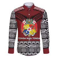 Personalised Tonga Constitution Day Family Matching Summer Maxi Dress and Hawaiian Shirt Tongan Kupesi Ngatu Pattern LT05 Dad's Shirt - Long Sleeve Red - Polynesian Pride