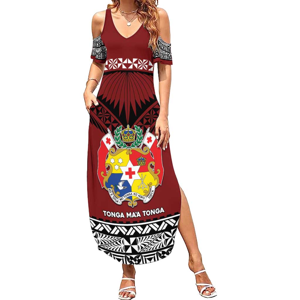Personalised Tonga Constitution Day Family Matching Summer Maxi Dress and Hawaiian Shirt Tongan Kupesi Ngatu Pattern LT05 Mom's Dress Red - Polynesian Pride