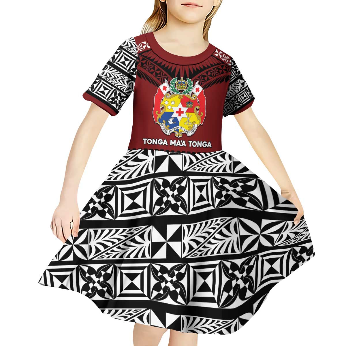 Personalised Tonga Constitution Day Kid Short Sleeve Dress Tongan Kupesi Ngatu Pattern LT05 - Polynesian Pride