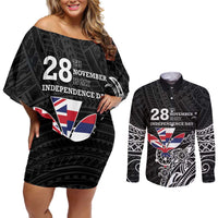 Hawaii November 28th Is My Independence Day Couples Matching Off Shoulder Short Dress and Long Sleeve Button Shirt LT05 Black - Polynesian Pride