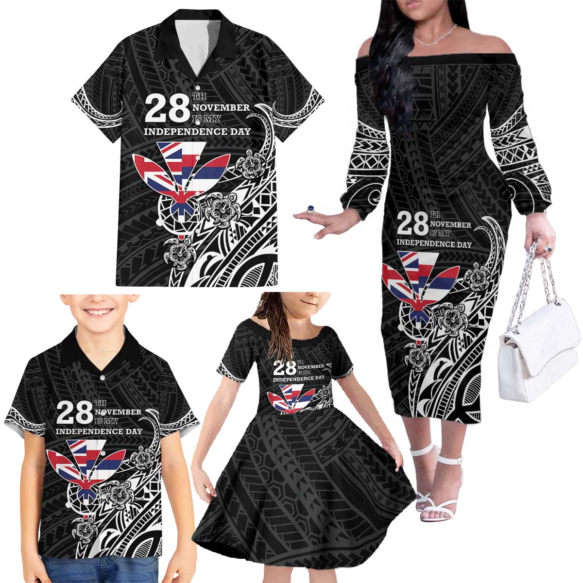 Hawaii November 28th Is My Independence Day Family Matching Off The Shoulder Long Sleeve Dress and Hawaiian Shirt