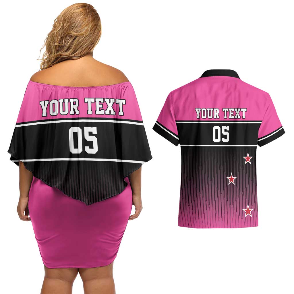 Custom New Zealand Women Cricket Couples Matching Off Shoulder Short Dress and Hawaiian Shirt Pink Simple Style