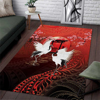Hawaii and Japan Together Area Rug Polynesian Art Tattoo With Cranes And Sakura LT05 Red - Polynesian Pride