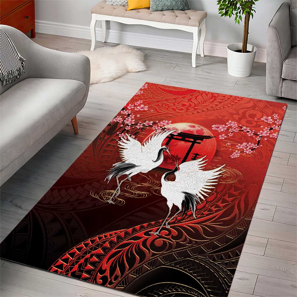 Hawaii and Japan Together Area Rug Polynesian Art Tattoo With Cranes And Sakura LT05 - Polynesian Pride