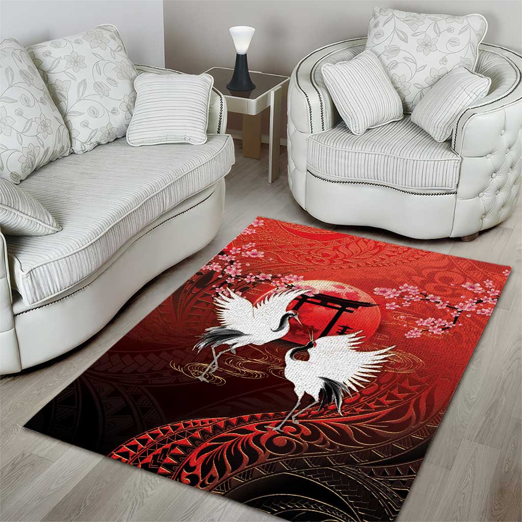 Hawaii and Japan Together Area Rug Polynesian Art Tattoo With Cranes And Sakura LT05 - Polynesian Pride