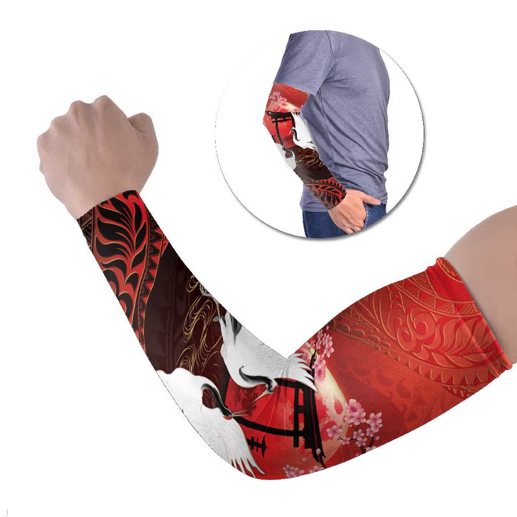 Hawaii and Japan Together Arm Sleeves Polynesian Art Tattoo With Cranes And Sakura - Polynesian Pride