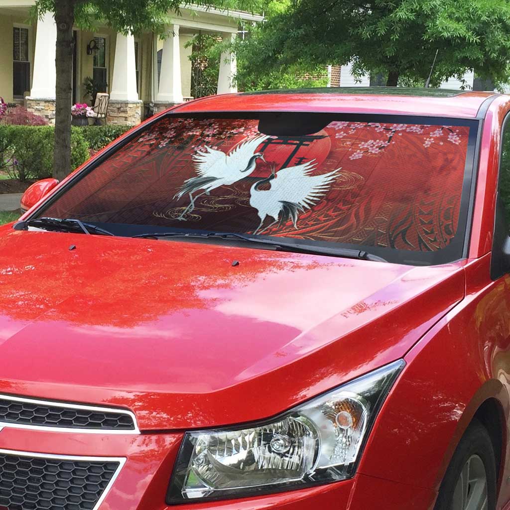 Hawaii and Japan Together Auto Sun Shade Polynesian Art Tattoo With Cranes And Sakura LT05 - Polynesian Pride