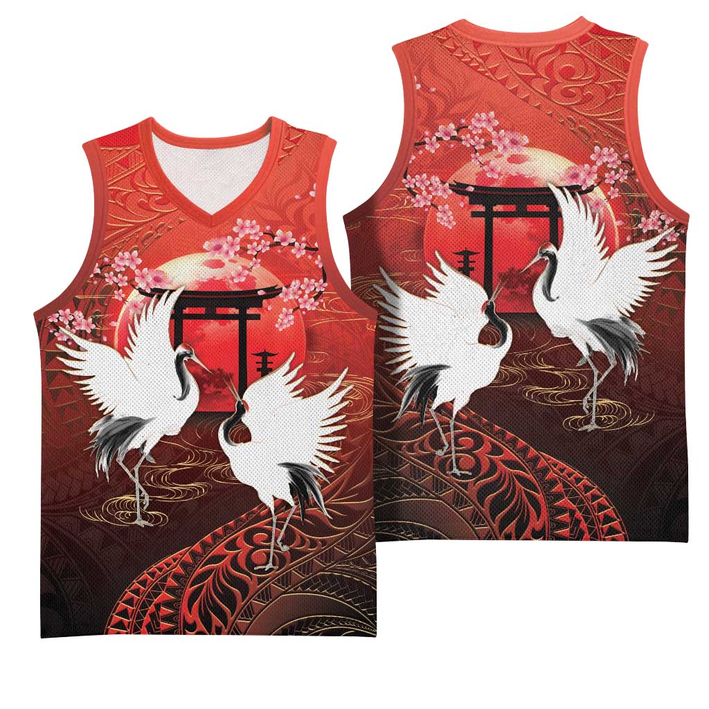 Hawaii and Japan Together Basketball Jersey Polynesian Art Tattoo With Cranes And Sakura LT05 - Polynesian Pride