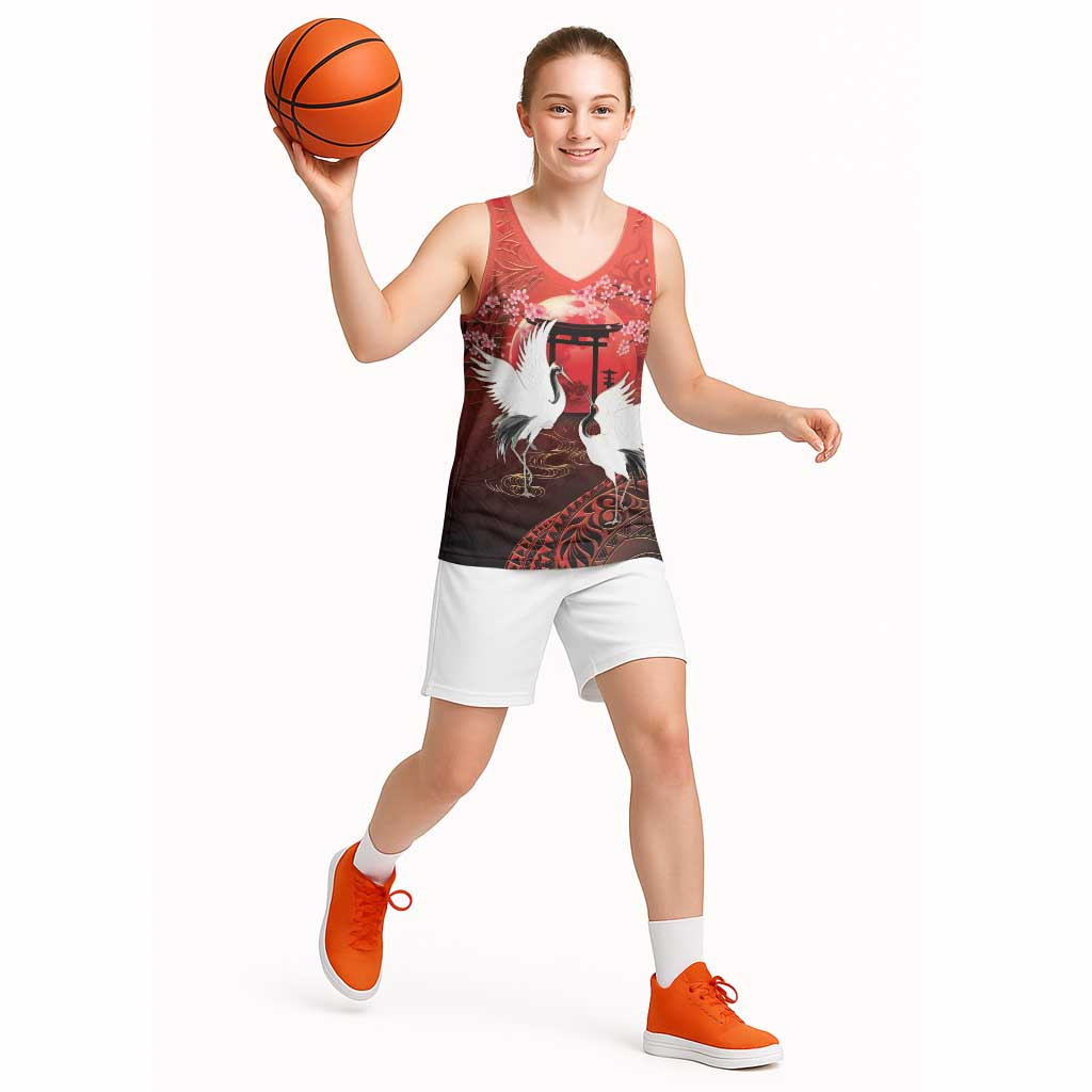 Hawaii and Japan Together Basketball Jersey Polynesian Art Tattoo With Cranes And Sakura LT05 - Polynesian Pride
