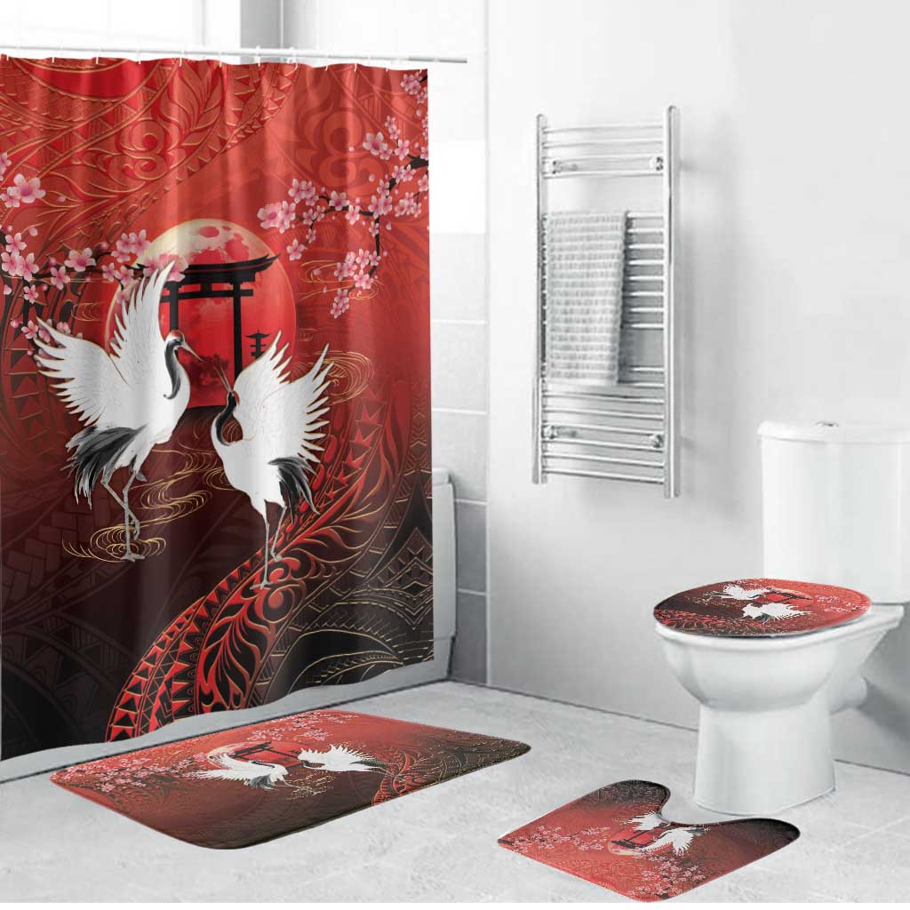 Hawaii and Japan Together Bathroom Set Polynesian Art Tattoo With Cranes And Sakura LT05 Bathroom Set (4 pcs) Red - Polynesian Pride