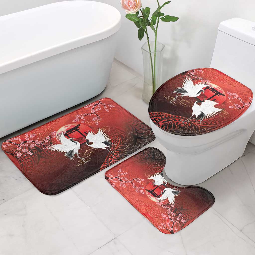 Hawaii and Japan Together Bathroom Set Polynesian Art Tattoo With Cranes And Sakura LT05 - Polynesian Pride