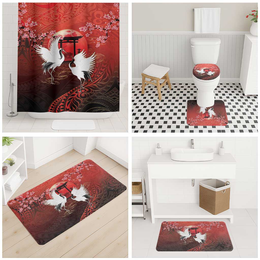 Hawaii and Japan Together Bathroom Set Polynesian Art Tattoo With Cranes And Sakura LT05 - Polynesian Pride