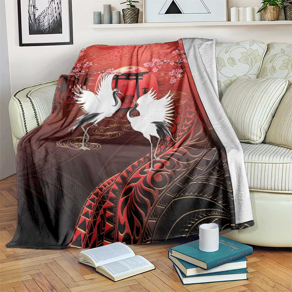 Hawaii and Japan Together Blanket Polynesian Art Tattoo With Cranes And Sakura LT05 Red - Polynesian Pride