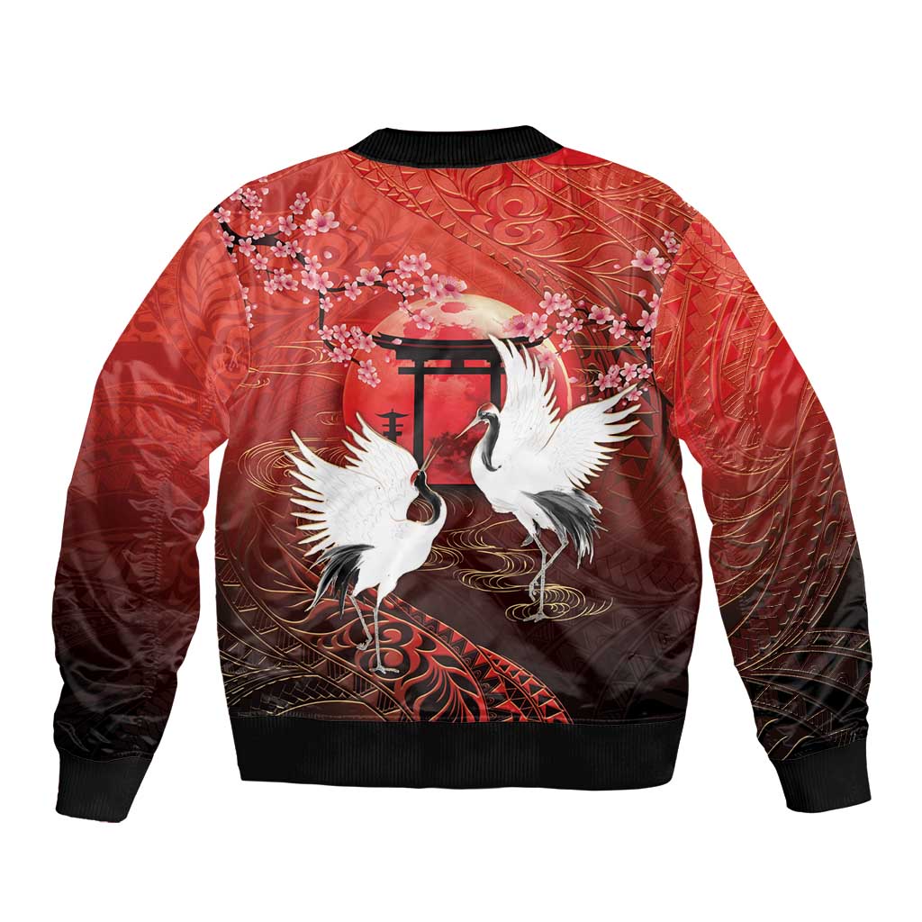 Hawaii and Japan Together Bomber Jacket Polynesian Art Tattoo With Cranes And Sakura LT05 - Polynesian Pride