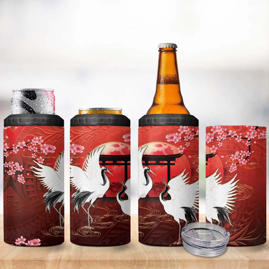 Hawaii and Japan Together 4 in 1 Can Cooler Tumbler Polynesian Art Tattoo With Cranes And Sakura LT05 - Polynesian Pride