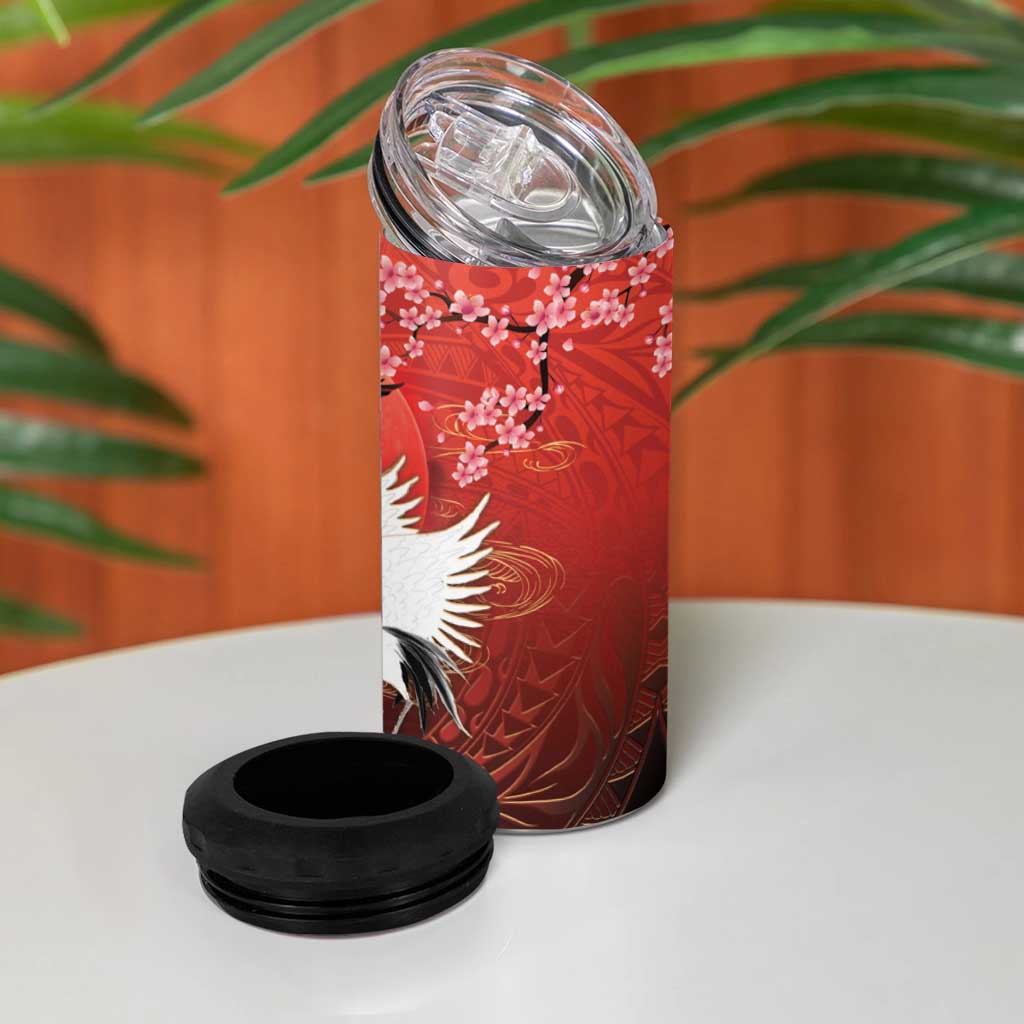 Hawaii and Japan Together 4 in 1 Can Cooler Tumbler Polynesian Art Tattoo With Cranes And Sakura LT05 - Polynesian Pride