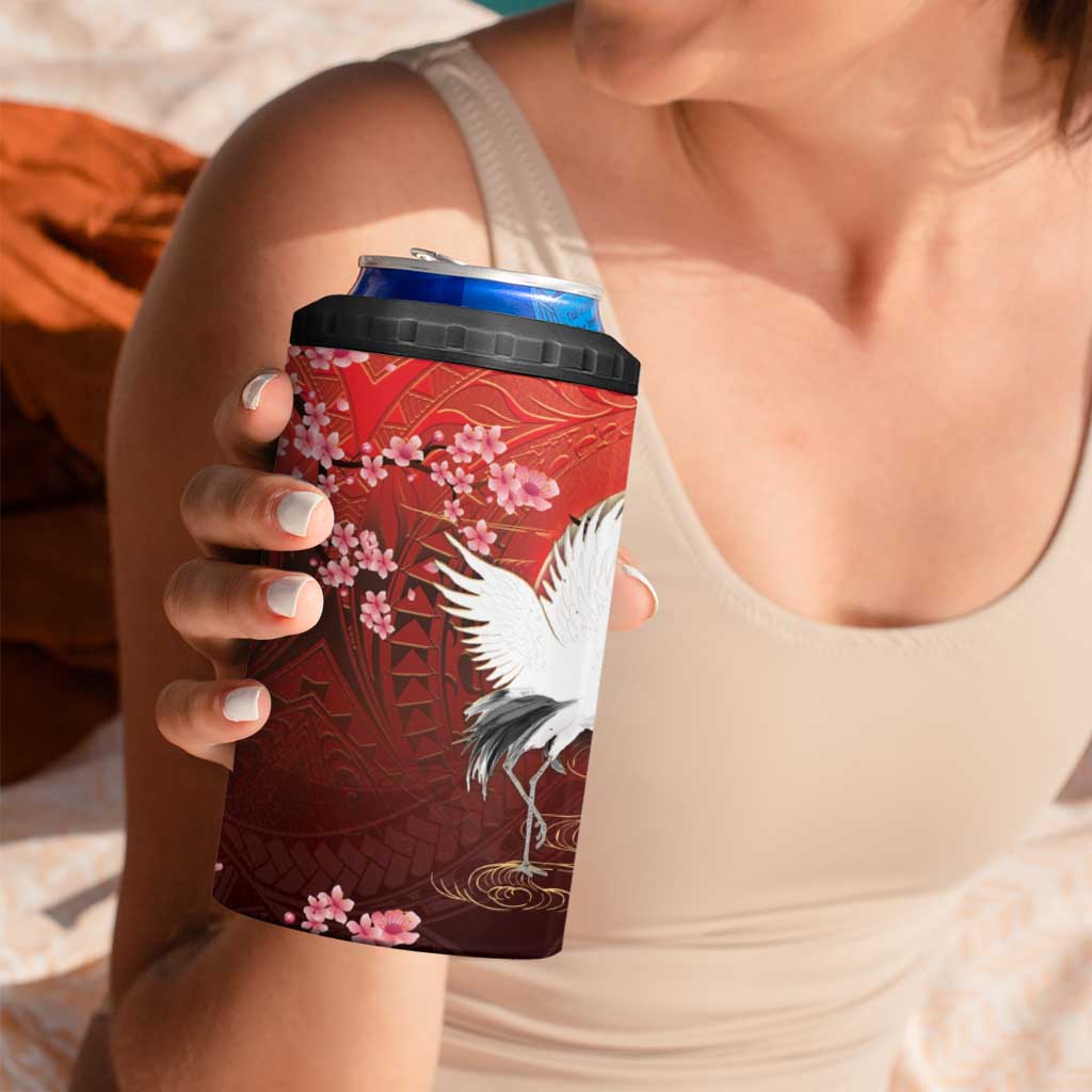 Hawaii and Japan Together 4 in 1 Can Cooler Tumbler Polynesian Art Tattoo With Cranes And Sakura LT05 - Polynesian Pride
