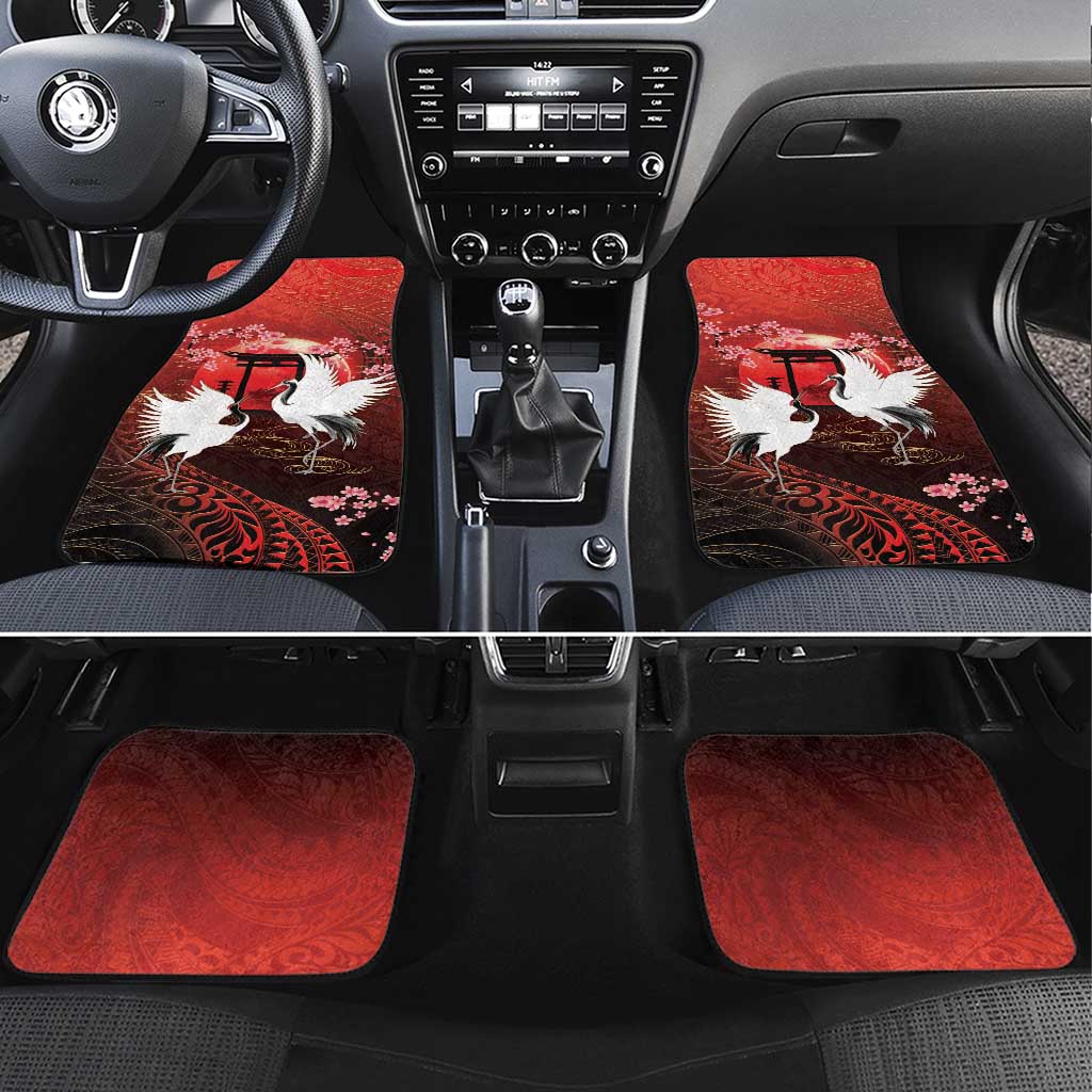 Hawaii and Japan Together Car Mats Polynesian Art Tattoo With Cranes And Sakura LT05 Set 4pcs Red - Polynesian Pride