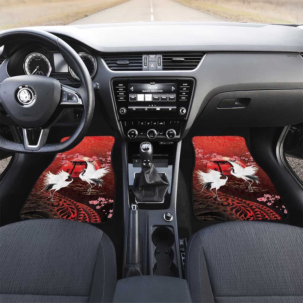 Hawaii and Japan Together Car Mats Polynesian Art Tattoo With Cranes And Sakura LT05 Set 2pcs - Front Red - Polynesian Pride