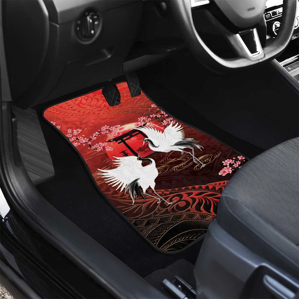 Hawaii and Japan Together Car Mats Polynesian Art Tattoo With Cranes And Sakura LT05 - Polynesian Pride