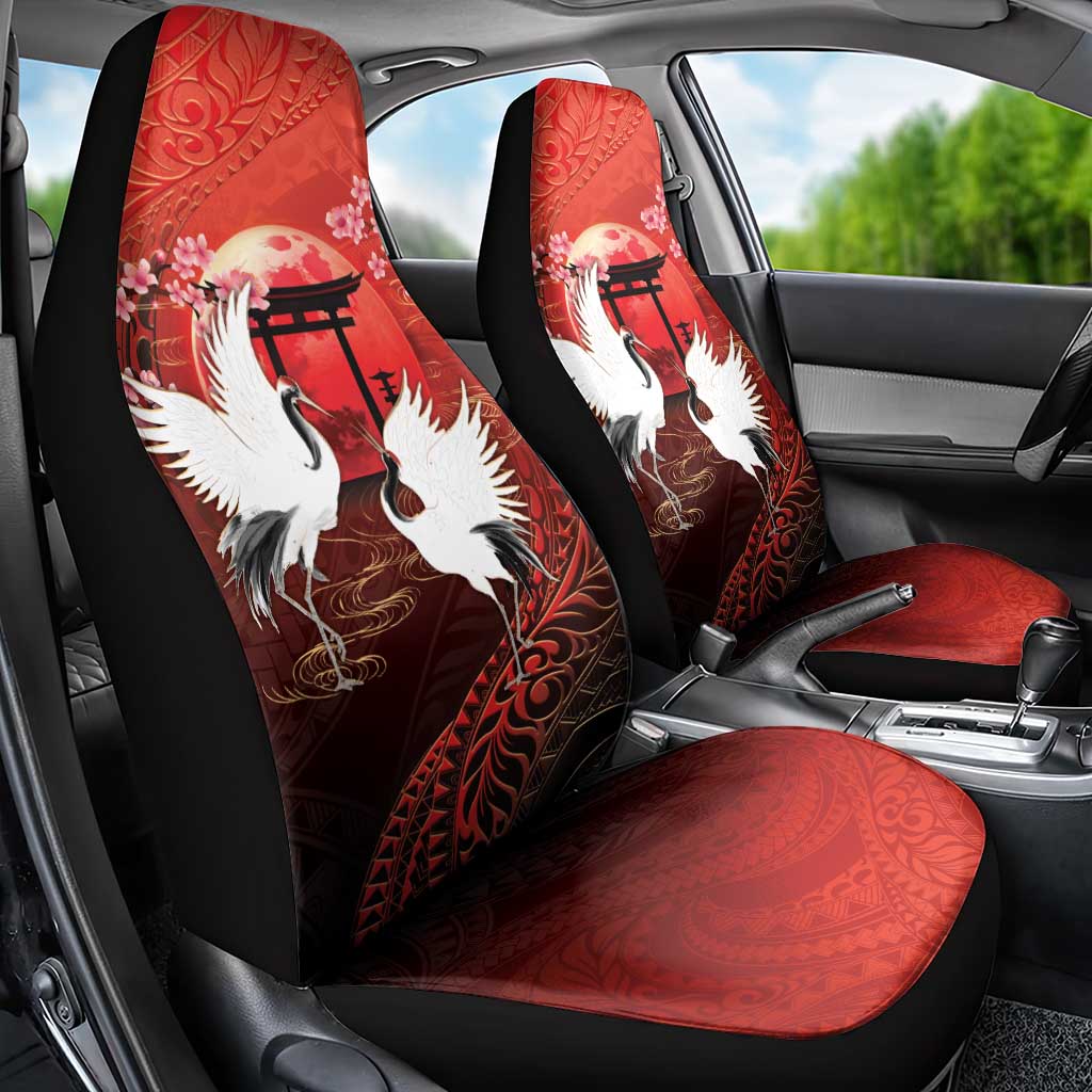 Hawaii and Japan Together Car Seat Cover Polynesian Art Tattoo With Cranes And Sakura LT05 - Polynesian Pride
