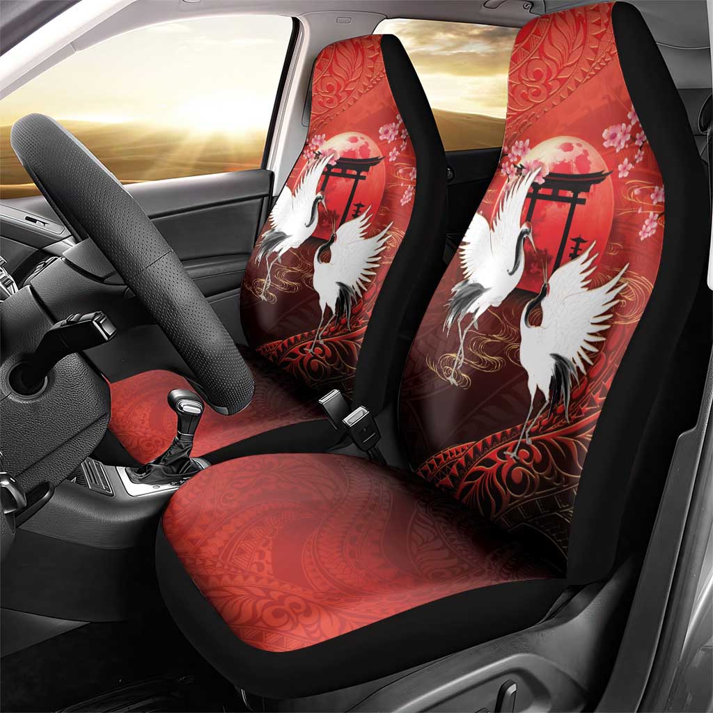 Hawaii and Japan Together Car Seat Cover Polynesian Art Tattoo With Cranes And Sakura LT05 - Polynesian Pride