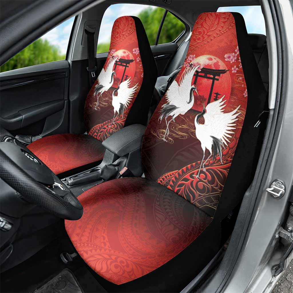 Hawaii and Japan Together Car Seat Cover Polynesian Art Tattoo With Cranes And Sakura LT05 - Polynesian Pride