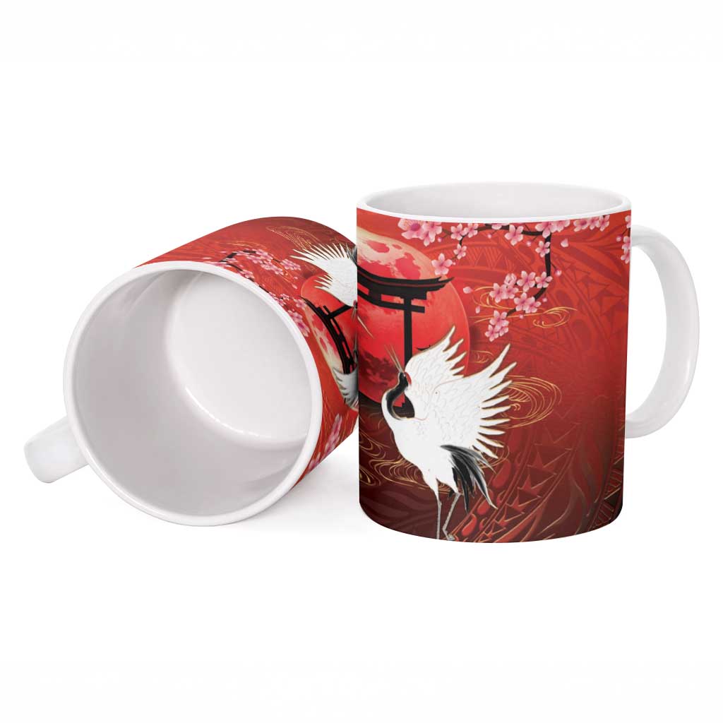 Hawaii and Japan Together Ceramic Mug Polynesian Art Tattoo With Cranes And Sakura LT05 - Polynesian Pride