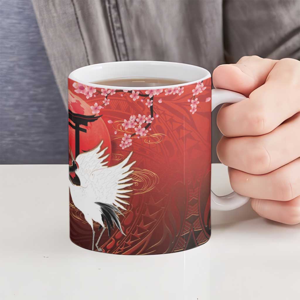 Hawaii and Japan Together Ceramic Mug Polynesian Art Tattoo With Cranes And Sakura LT05 - Polynesian Pride