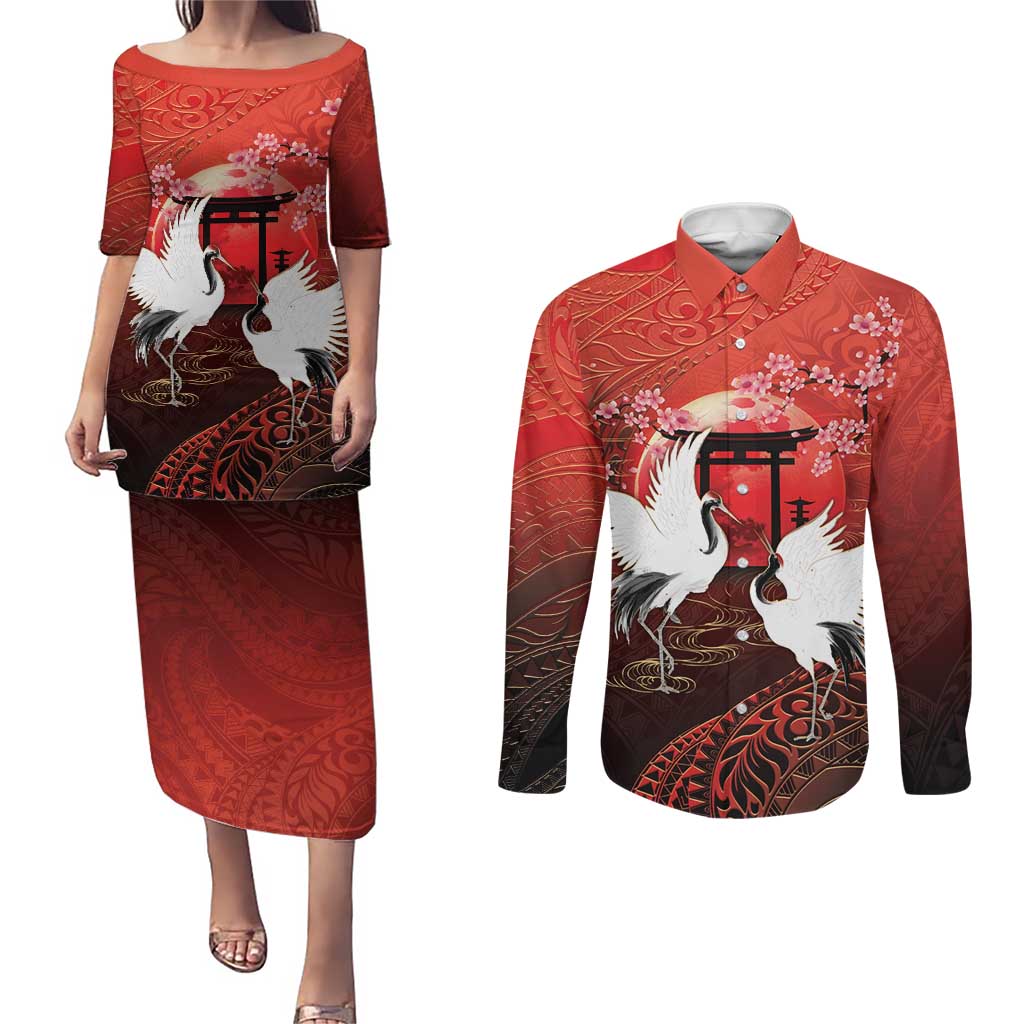 Hawaii and Japan Together Couples Matching Puletasi and Long Sleeve Button Shirt Polynesian Art Tattoo With Cranes And Sakura LT05 Red - Polynesian Pride