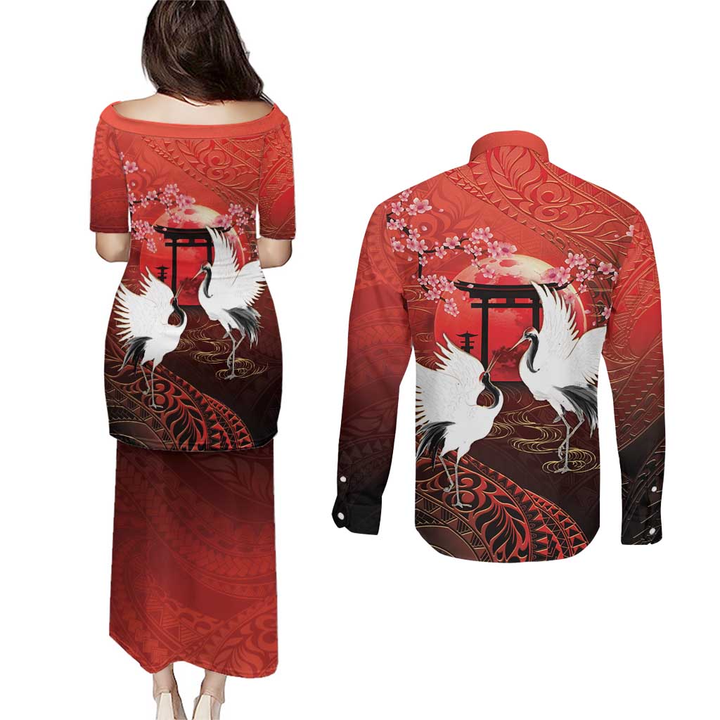 Hawaii and Japan Together Couples Matching Puletasi and Long Sleeve Button Shirt Polynesian Art Tattoo With Cranes And Sakura LT05 - Polynesian Pride