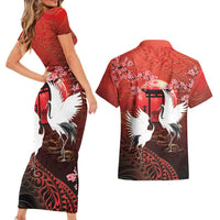 Hawaii and Japan Together Couples Matching Short Sleeve Bodycon Dress and Hawaiian Shirt Polynesian Art Tattoo With Cranes And Sakura - Polynesian Pride