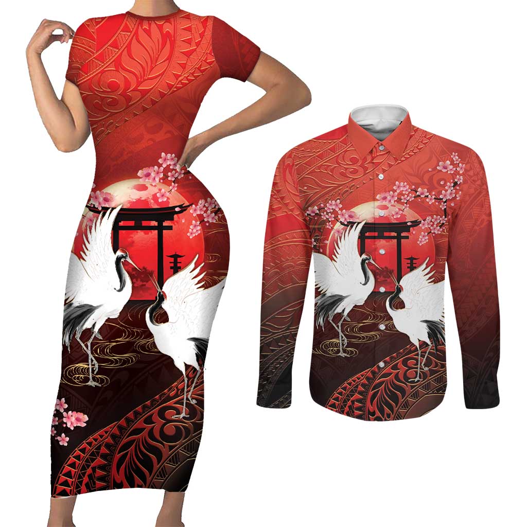 Hawaii and Japan Together Couples Matching Short Sleeve Bodycon Dress and Long Sleeve Button Shirt Polynesian Art Tattoo With Cranes And Sakura - Polynesian Pride