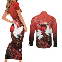 Hawaii and Japan Together Couples Matching Short Sleeve Bodycon Dress and Long Sleeve Button Shirt Polynesian Art Tattoo With Cranes And Sakura - Polynesian Pride