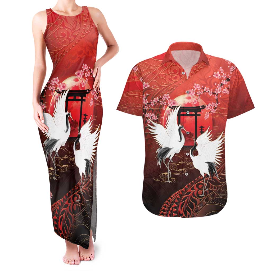 Hawaii and Japan Together Couples Matching Tank Maxi Dress and Hawaiian Shirt Polynesian Art Tattoo With Cranes And Sakura - Polynesian Pride