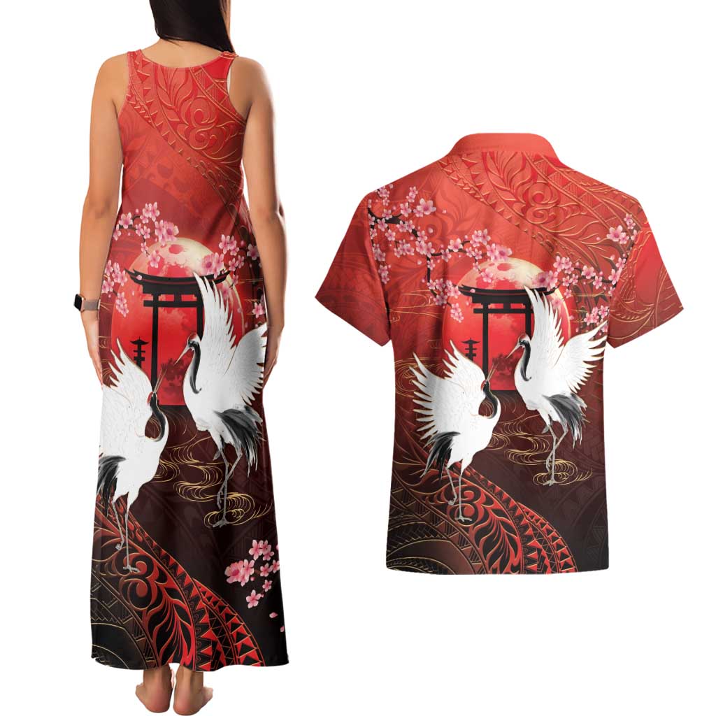 Hawaii and Japan Together Couples Matching Tank Maxi Dress and Hawaiian Shirt Polynesian Art Tattoo With Cranes And Sakura - Polynesian Pride