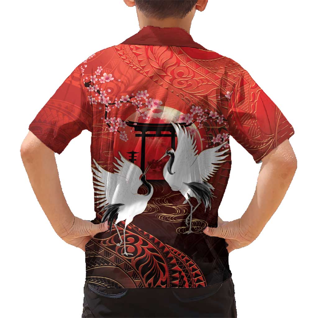 Hawaii and Japan Together Family Matching Long Sleeve Bodycon Dress and Hawaiian Shirt Polynesian Art Tattoo With Cranes And Sakura - Polynesian Pride