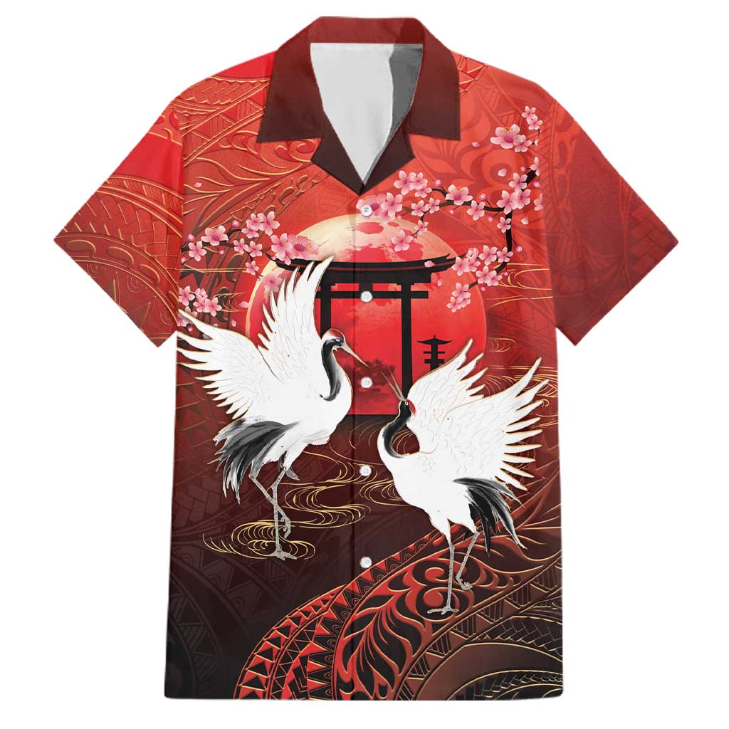 Hawaii and Japan Together Family Matching Long Sleeve Bodycon Dress and Hawaiian Shirt Polynesian Art Tattoo With Cranes And Sakura - Polynesian Pride