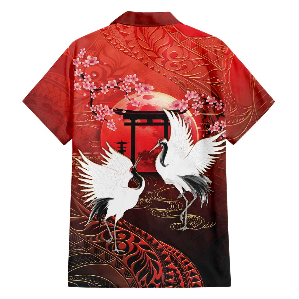 Hawaii and Japan Together Family Matching Long Sleeve Bodycon Dress and Hawaiian Shirt Polynesian Art Tattoo With Cranes And Sakura - Polynesian Pride