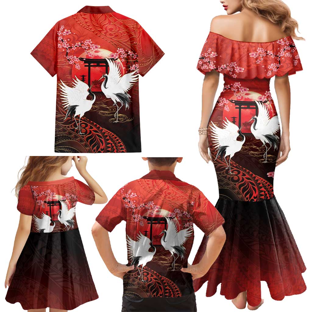 Hawaii and Japan Together Family Matching Mermaid Dress and Hawaiian Shirt Polynesian Art Tattoo With Cranes And Sakura - Polynesian Pride
