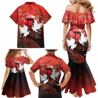 Hawaii and Japan Together Family Matching Mermaid Dress and Hawaiian Shirt Polynesian Art Tattoo With Cranes And Sakura - Polynesian Pride