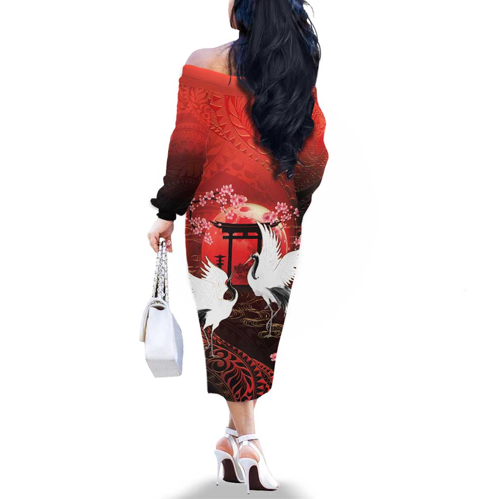 Hawaii and Japan Together Family Matching Off The Shoulder Long Sleeve Dress and Hawaiian Shirt Polynesian Art Tattoo With Cranes And Sakura - Polynesian Pride