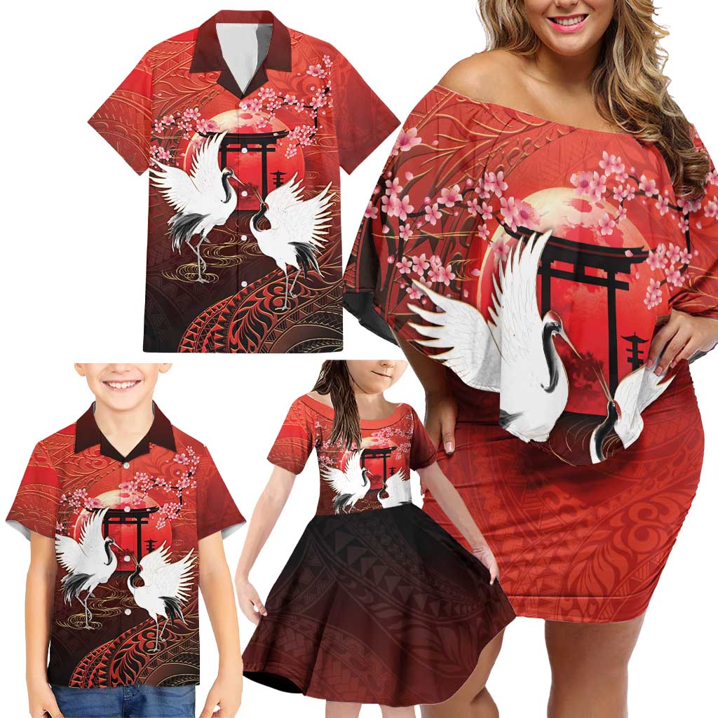 Hawaii and Japan Together Family Matching Off Shoulder Short Dress and Hawaiian Shirt Polynesian Art Tattoo With Cranes And Sakura - Polynesian Pride